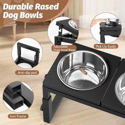 Dog Bowls Elevated, 4 Height (9.6" to15) & Angle (0-20°) Adjustable Raised Dog Bowl Stand, Elevated Dogs Bowl for Medium to Large Sized, Bamboo Feeding Station with 2X 10cups Stainless Steel Dishes