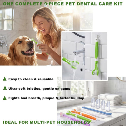 9-Pack Dog Toothbrush Kit, Triple Head & Double Head Dog Toothbrush, 360 Finger SiliconeToothbrush, Multi-Angle Dental Cleaning Brushes for Cat Oral Health