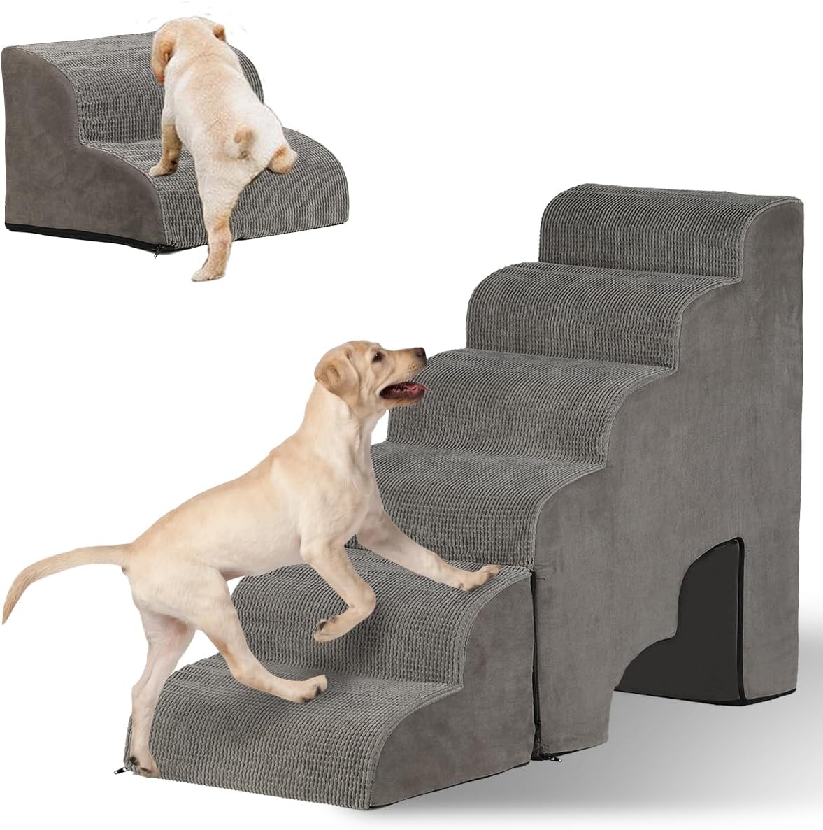 Dog Stairs for High Beds 30-36 inches Tall, 6-Step Dog Steps for Bed 32-36 inches for Small Large Dogs, Doggie Ramp for Bed, 30D Foam Pet Stairs for Old Dogs/Cats, Free-Installation, Grey
