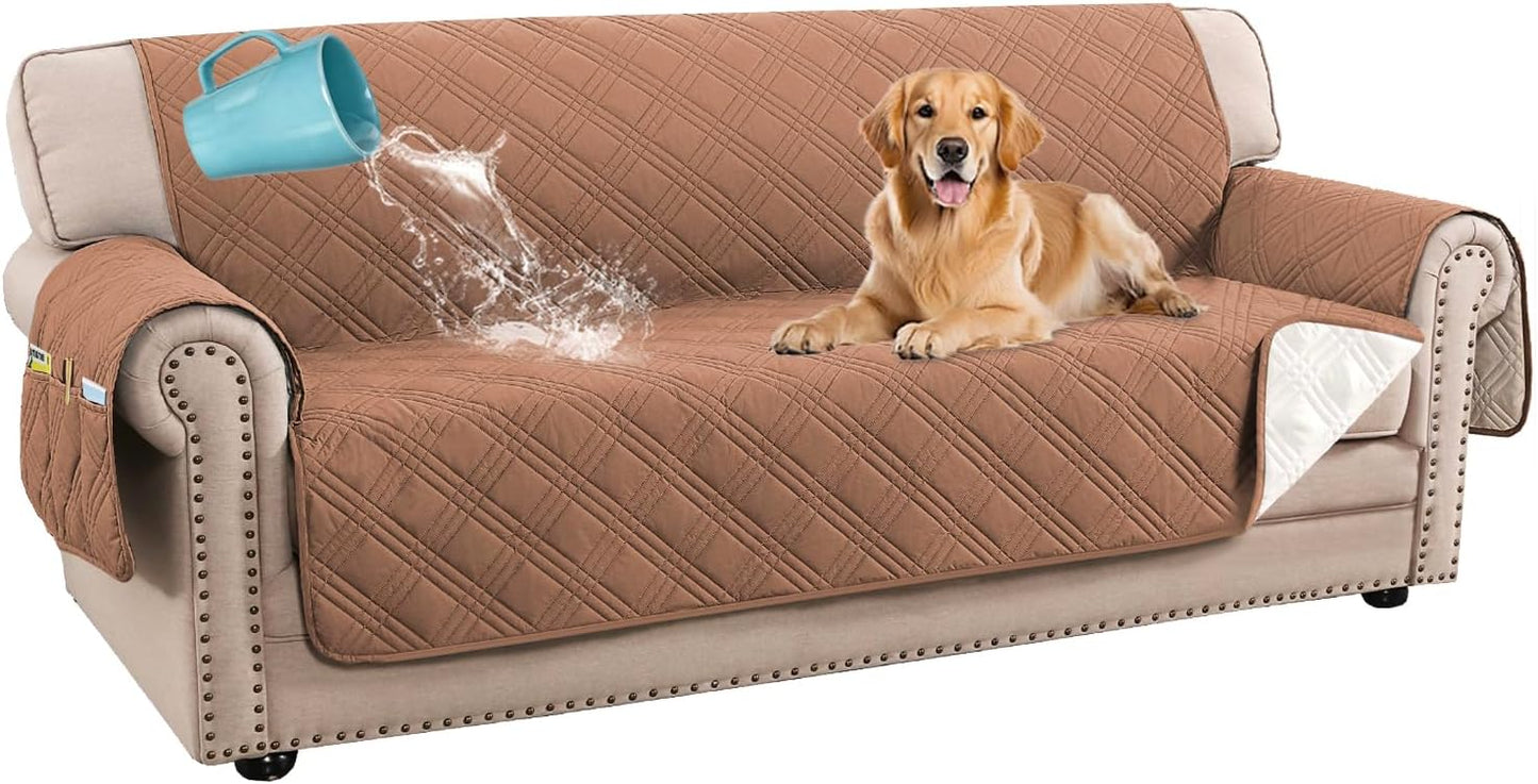 H.VERSAILTEX 100% Waterproof Slipcovers for Couches and Sofas Modern Pet Couch Cover Thick Soft Furniture Protector with Elastic Straps(Sofa, Lily Pad/Beige)