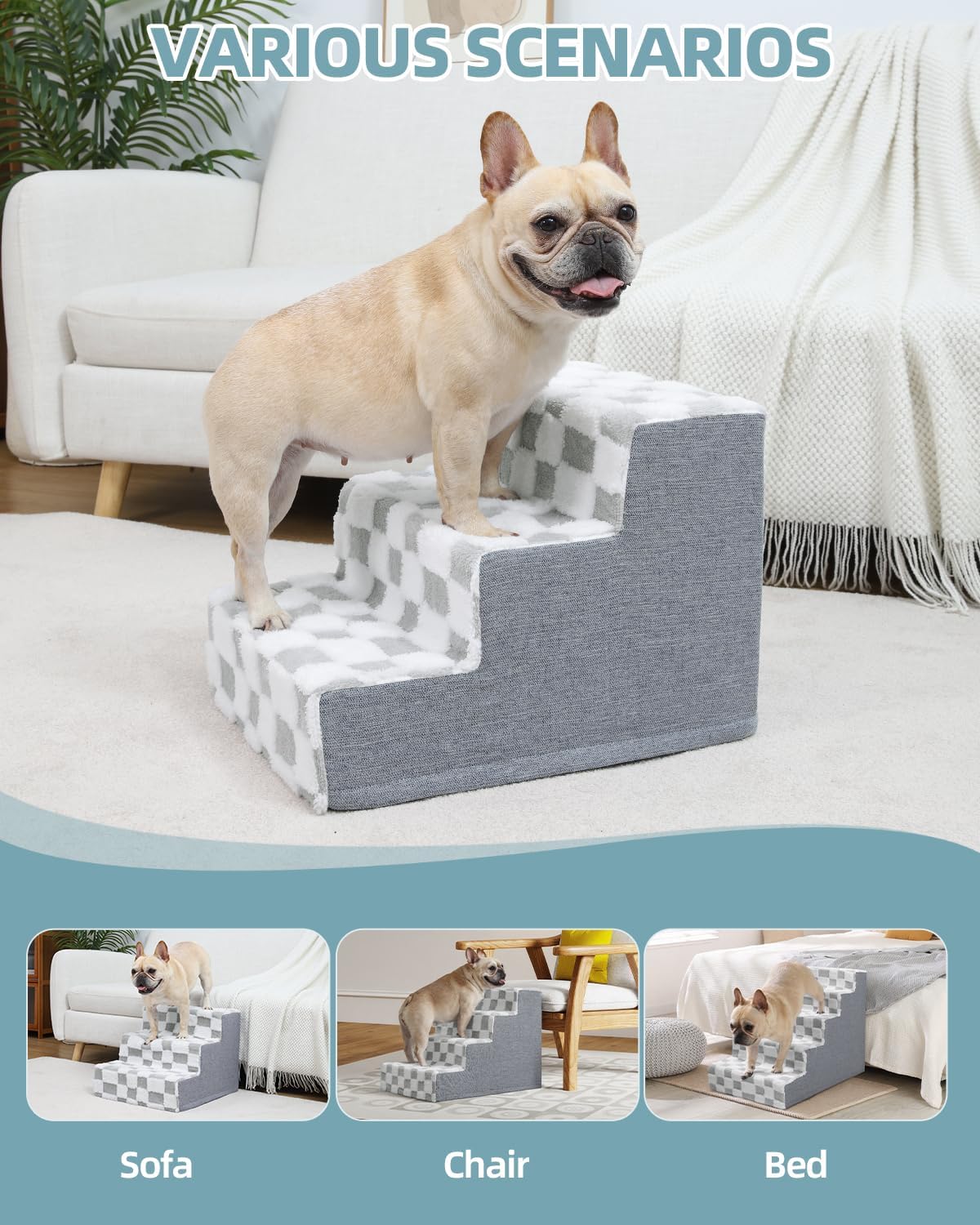 KSIIA Dog Stairs for Small Dogs & Cats Pet Stairs Supportive 4-Tier Pet Steps for Bed Couch Sofa Chair, No-Slip Cat Steps with Removable Washable Cover, 24" D x 15" W x 17.5" H, Grey