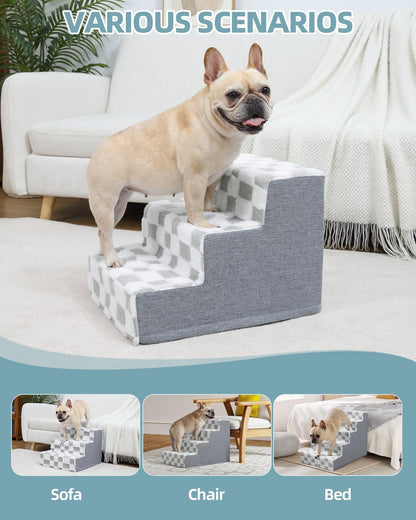 KSIIA Dog Stairs for Small Dogs & Cats Pet Stairs Supportive 4-Tier Pet Steps for Bed Couch Sofa Chair, No-Slip Cat Steps with Removable Washable Cover, 24" D x 15" W x 17.5" H, Grey