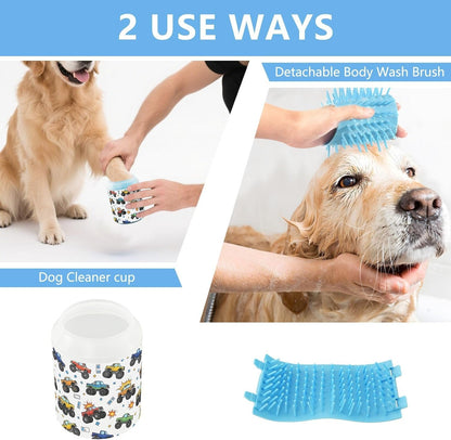 Monster Trucks White Pattern Dog Paw Cleaner Cup with Soft Silicone Brush, Lightweight Small Portable Muddy Paw Washer for Dogs, Easy to Use Pet Foot Cleaner
