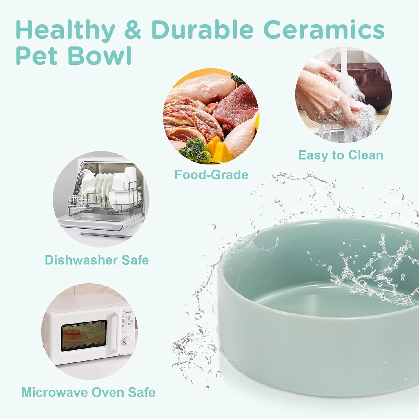 SPUNKYJUNKY Elevated Dog Bowls Ceramic, 6.1'' Dogs and Cat Food Water Bowls Raised with Non-Slip Bamboo Stand for Medium Sized Breed Microwave Dishwasher Safe - 28.7 OZ,Beige