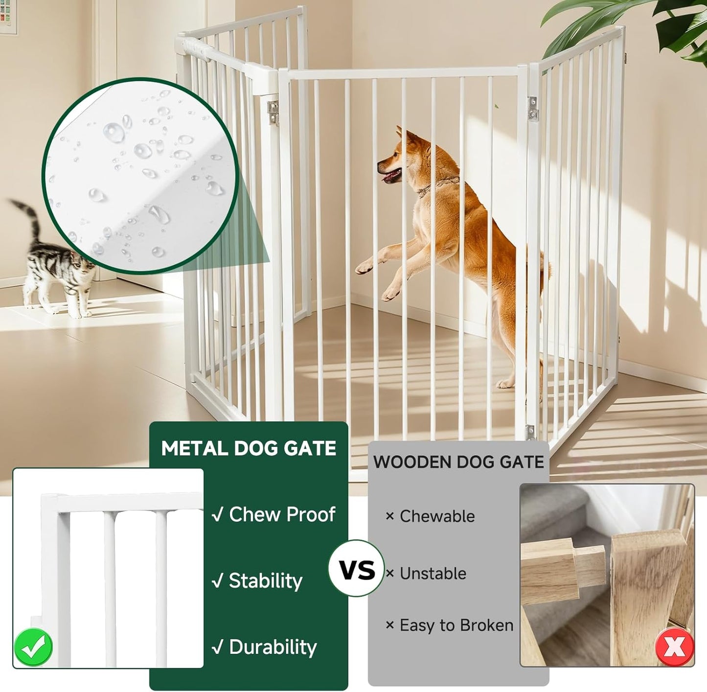Snagle Paw Full Metal Freestanding Dog Gate,Indoor Dog Gate with Floor Protect Support Feet, 40x24 Inches Foldable Dogs Barrier for Stairs, Hallways and Doorways (24'' H 2 Panel, White