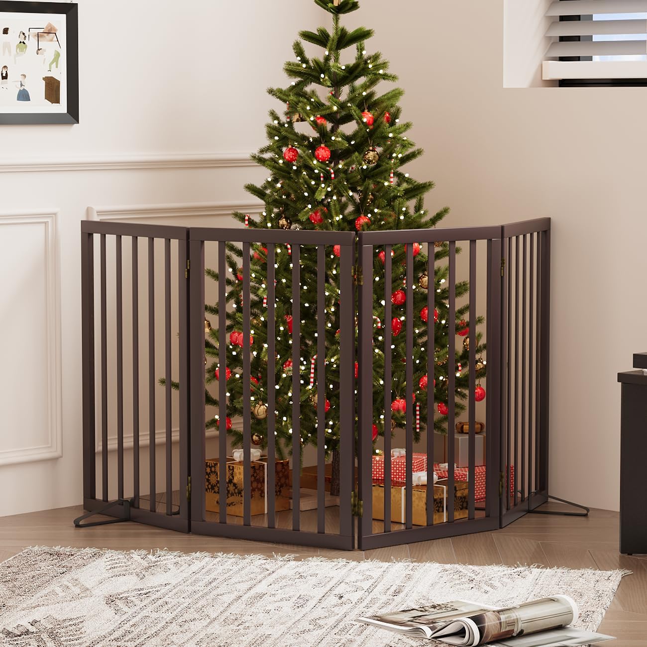 Freestanding Foldable Dog Gate - 4 Panel Room Divider with Metal Support Feet (Black)
