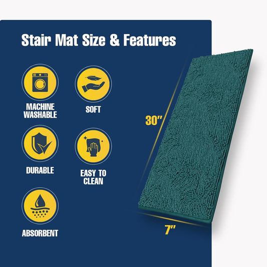 Muddy Mat® Pack of 4 - Soft Chenille Stair Treads Non-Slip Reusable, Super Absorbent Stair Treads for Wooden Steps, Tile & Marble Floor, Easy to Install & Machine Washable - Grey 30'' x 7''