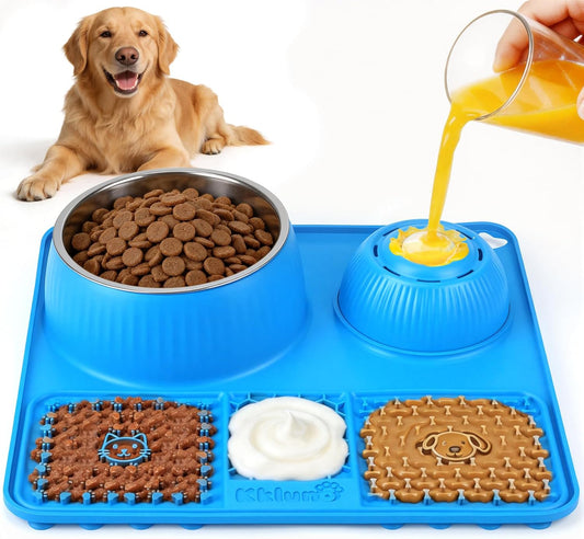 Dog Lick Bowl with Rolling Ball for Liquid and Thick Treat—3 in 1 Slow Feeder Dog Bowls+Lick Mat+50oz Stainless Steel Food Bowl,Anti-Slip 5/6 Cup Licking Toy for Medium Large Dogs and Cats Grey