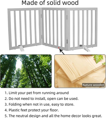 Dog Gate Indoor, Freestanding Dog Fence for The House, Doorways, Hallways,or Stairs,Pet Gate Foldable Wooden,Expandable 24" Height 3 Panels,White