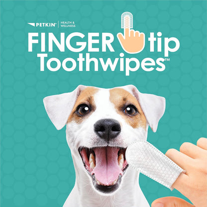 Petkin Fingertip Tooth Wipes for Dogs and Cats, 50 Finger Wipes - Slip-On, Snug Fit, Micro-Bristle Fabric - Cleans Teeth, Gums, Plaque & Tartar - Convenient, Ideal for Home and Travel - Peanut Butter