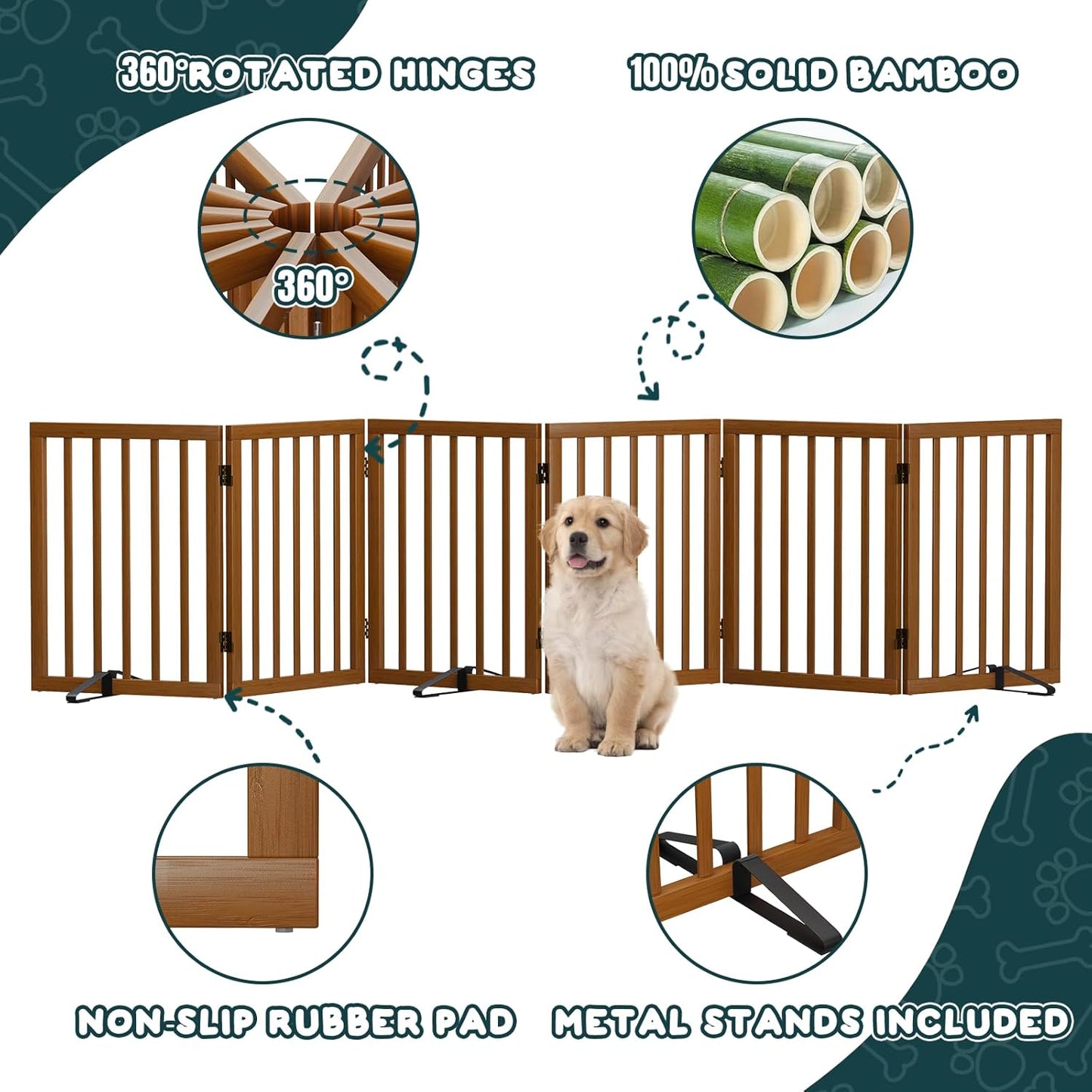 Freestanding Dog Gates Indoor, 3-Panel Pet Gates with 2 Metal Stands and 360° Hinge, 24" H Foldable Dog Gate for Stairs, Doorway, Kitchen, Expands Up to 55" Fully Assembled - Black Walnut