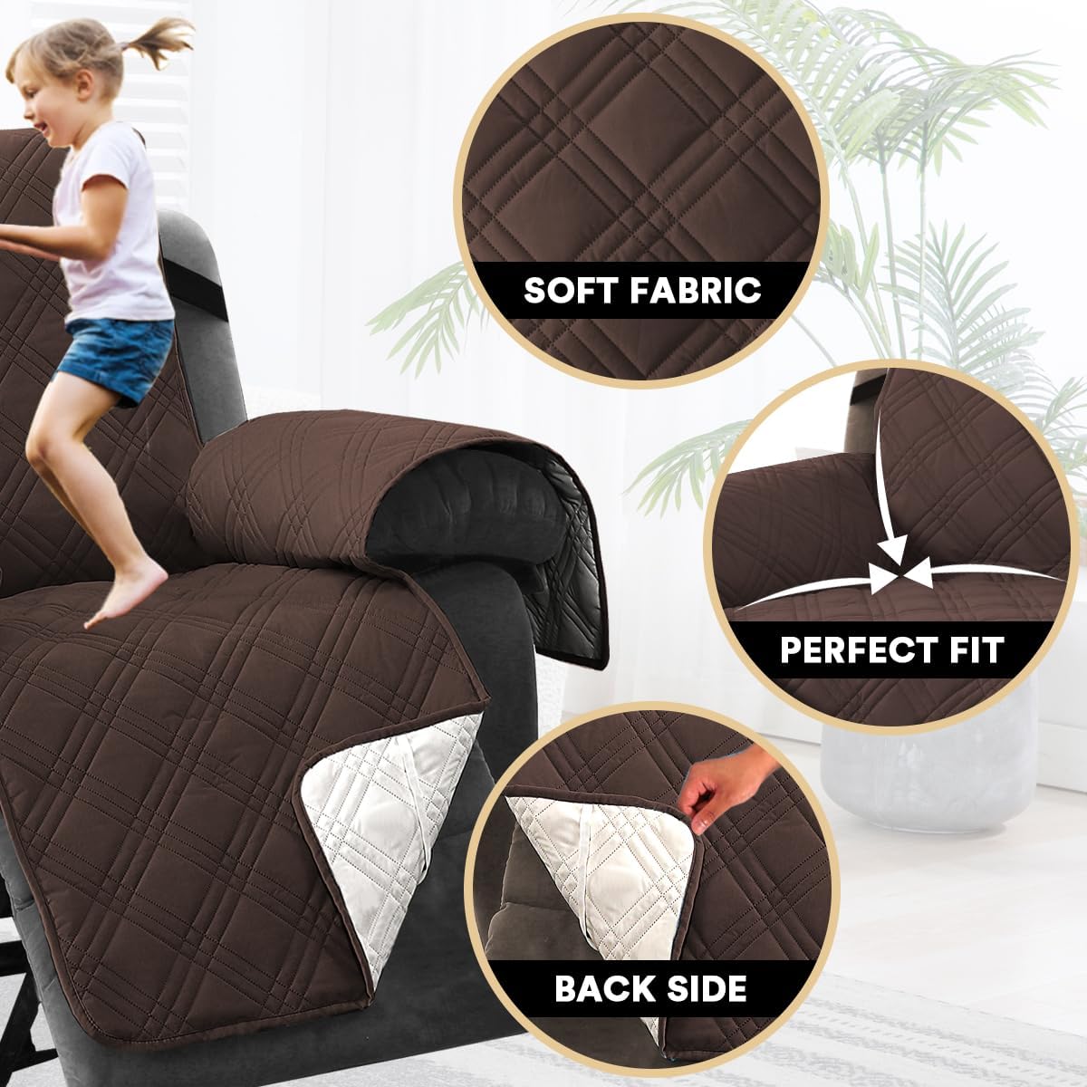 PrinceDeco 100% Waterproof Couch Cover for 3 Cushion Couch Sofa Pet Friendly Non-Slip Couch Cover for Dogs Washable Water Resistant Furniture Protector with Elastic Straps(Sofa 68", French Oak)