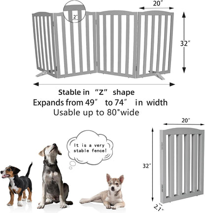 Freestanding Dog Gate Indoor,Doggie Gate Foldable Dog Gates for Doorways,Stairs or Hallways, Wooden White Pet Gate for the House, Pet Fence with Support Feet Included,24 "Height-4 Panels
