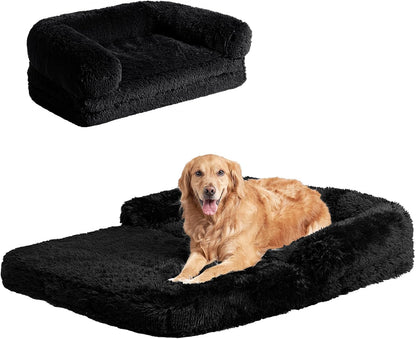 EHEYCIGA Foldable XXL Dog Bed for Large Sized Dog, 54"x38"x7.5" Faux Fur Fluffy Pet Couch Bed, Orthopedic Calming Memory Foam Big Pet Bed, Washable Pet Sofa Bed with Non-Slip Bottom, Dark Grey