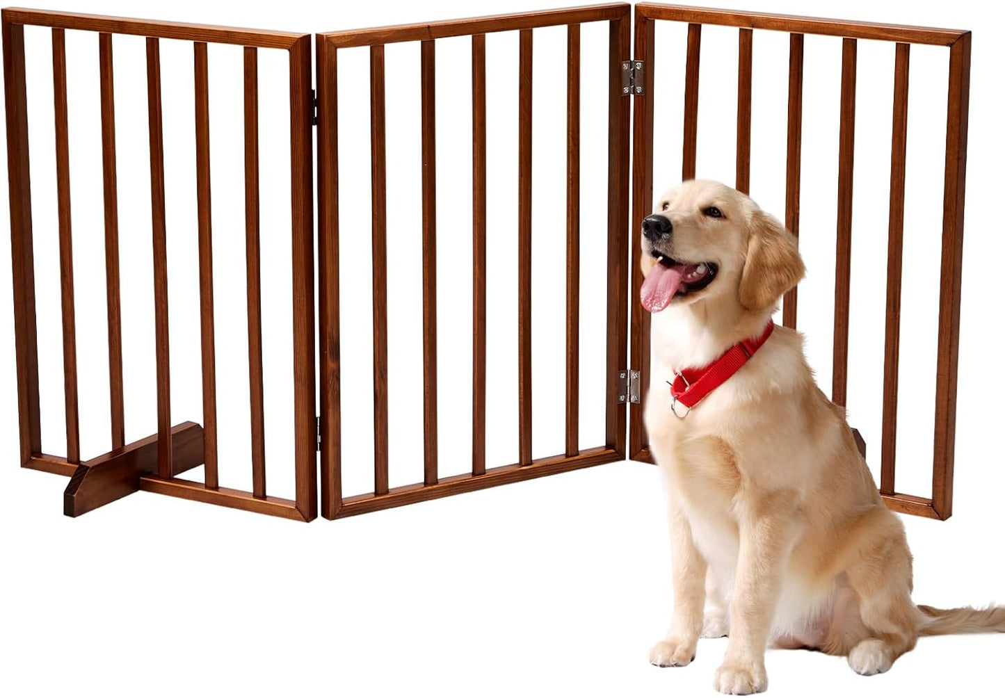 Pet Dog Gate,3-Panel Indoor Foldable Dog Fence for Stairs, Hallways or Doorways,Strong and Durable Freestanding Folding Acacia Hardwood Portable Wooden Fence (Brown Pet Gate, 3 Panel 24" Tall)