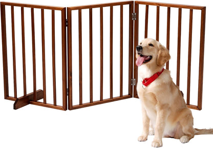 Pet Dog Gate,3-Panel Indoor Foldable Dog Fence for Stairs, Hallways or Doorways,Strong and Durable Freestanding Folding Acacia Hardwood Portable Wooden Fence (Brown Pet Gate, 3 Panel 24" Tall)