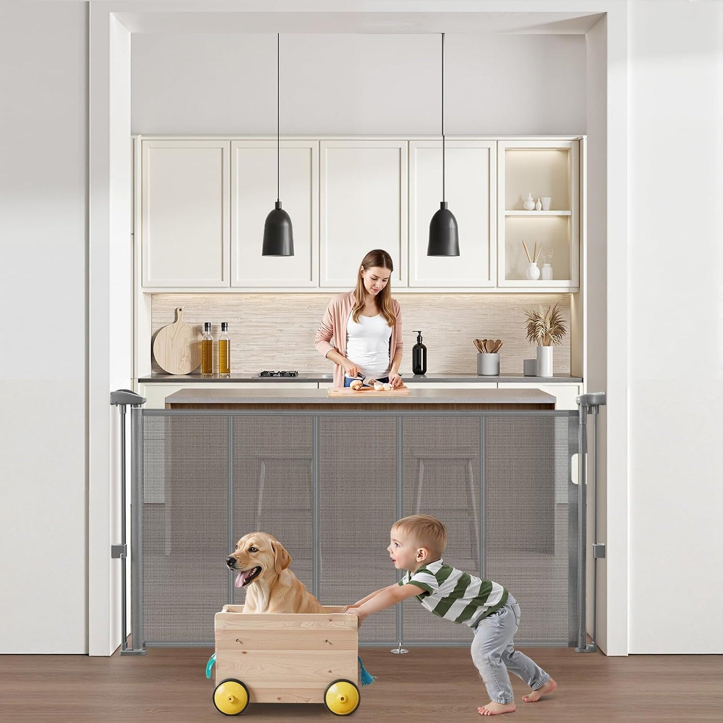 VEVOR Retractable Baby Gate, 34 inch Tall, Extends up to 110 inch Wide, Retractable Gate for Kids or Pets, Mesh Material, Easy to Install for Indoor Stairs, Doorways, Hallways, Playrooms, Gray