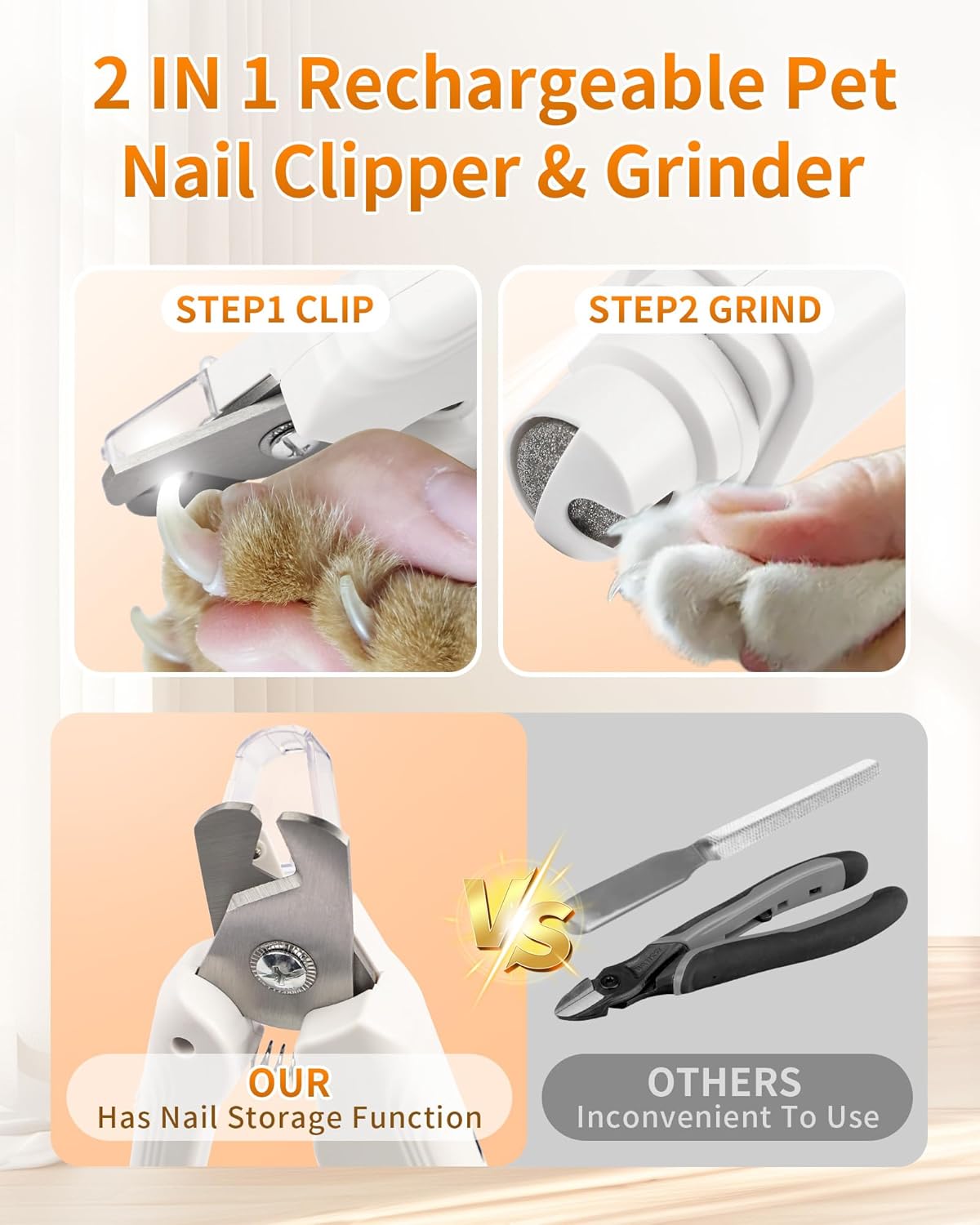 2-in-1 Cat Nail Clippers & Grinder with Light, Quiet Electric Dog Nail Trimmer with Safety Guard & Quick Sensor Prevent Overcutting, USB Rechargeable for Small Medium Large Pets