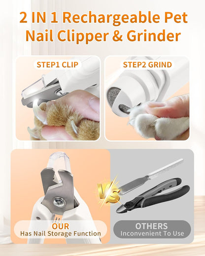 2-in-1 Cat Nail Clippers & Grinder with Light, Quiet Electric Dog Nail Trimmer with Safety Guard & Quick Sensor Prevent Overcutting, USB Rechargeable for Small Medium Large Pets
