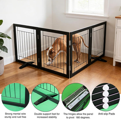 ZJSF Freestanding Dog Gate Indoor, Foldable Dog Fence for Doorways,Hallways or Stairs, Sturdy Wood Extra Wide Pet Gate with Support Feet,Black,24 "Height-3 Panels