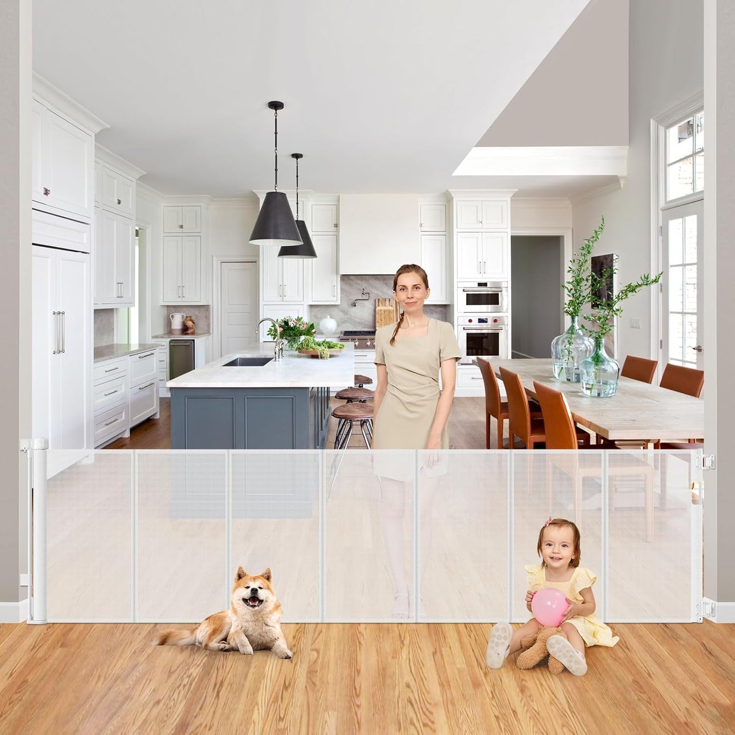 Reinforced 90 Inch Retractable Baby Gates Extra Wide Baby Gate with Reinforced Strips, 7.5ft Long Retractable Dog Gate for The House 33 Inch Tall Extra Long Pet Gates for Wide Openings, Black
