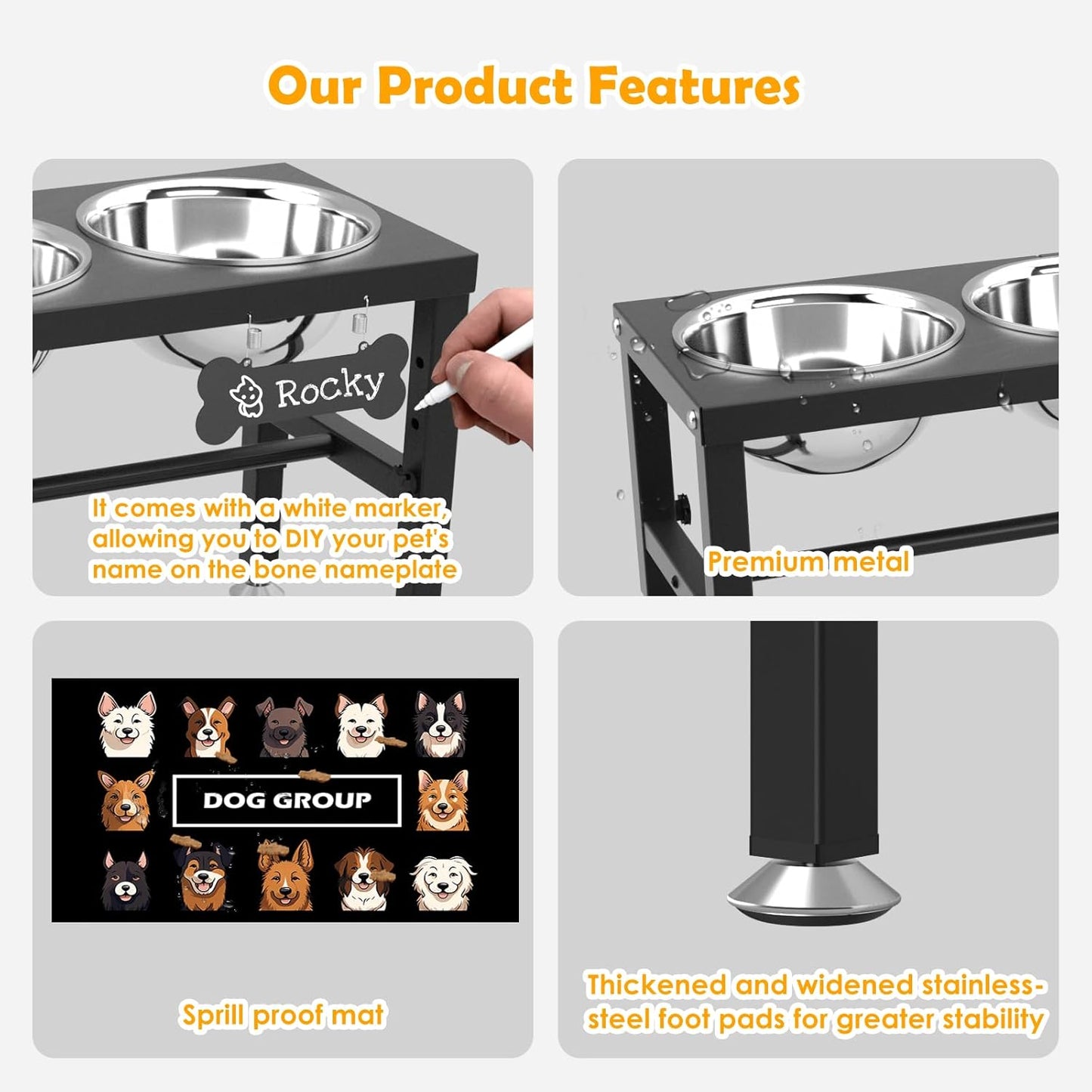 ADENGL Metal Raised Dog Bowl, 10" Tall Elevate Dog Feeder Stand with 2 Stainless Steel 42oz Bowls & 16x24 Non-Slip Mat – Stronger Dogs Food & Water Bowl Stand (Black)