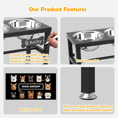 ADENGL Metal Raised Dog Bowl, 10" Tall Elevate Dog Feeder Stand with 2 Stainless Steel 42oz Bowls & 16x24 Non-Slip Mat – Stronger Dogs Food & Water Bowl Stand (Black)