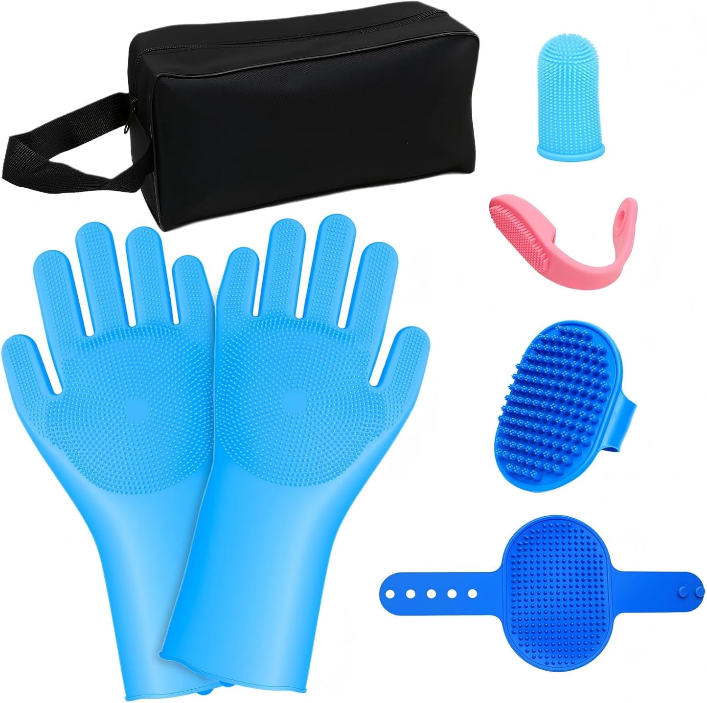 7PCS Dog Washing Gloves | Dog Bath Brush | Storage Bag | Dog Finger Toothbrush for Short & Long Haired Dogs & Cats | Efficient Deshedding Bathing & Massaging, Suitable for Pets (Sage Green)
