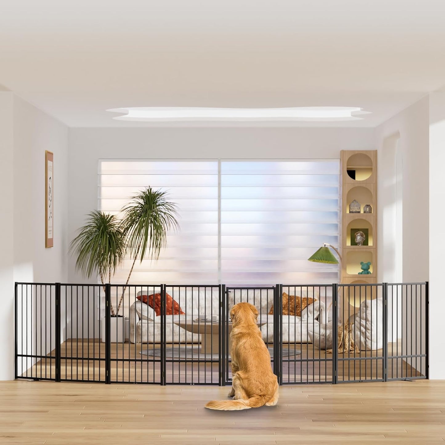 SNUOWU Full Metal Freestanding Dog Gate with Door, 32''Height Foldable Pet Dog Fence for Indoor & Outdoor, 4 Panels Extra Wide Free Standing TallDog Gates for Doorways,House,Stairs,Porch,Deck,Yard