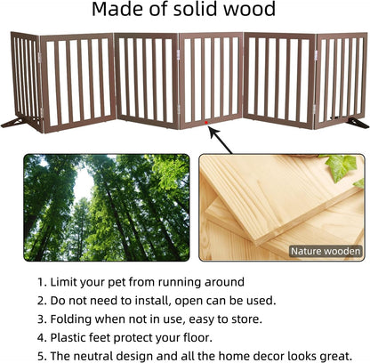 ZJSF Freestanding Indoor Dog Gate for House Foldable Wood Puppy Gate for Doorways Pet Gate for Stairs Extra Wide Pet Fence, Brown, 24" Height 3 Panels