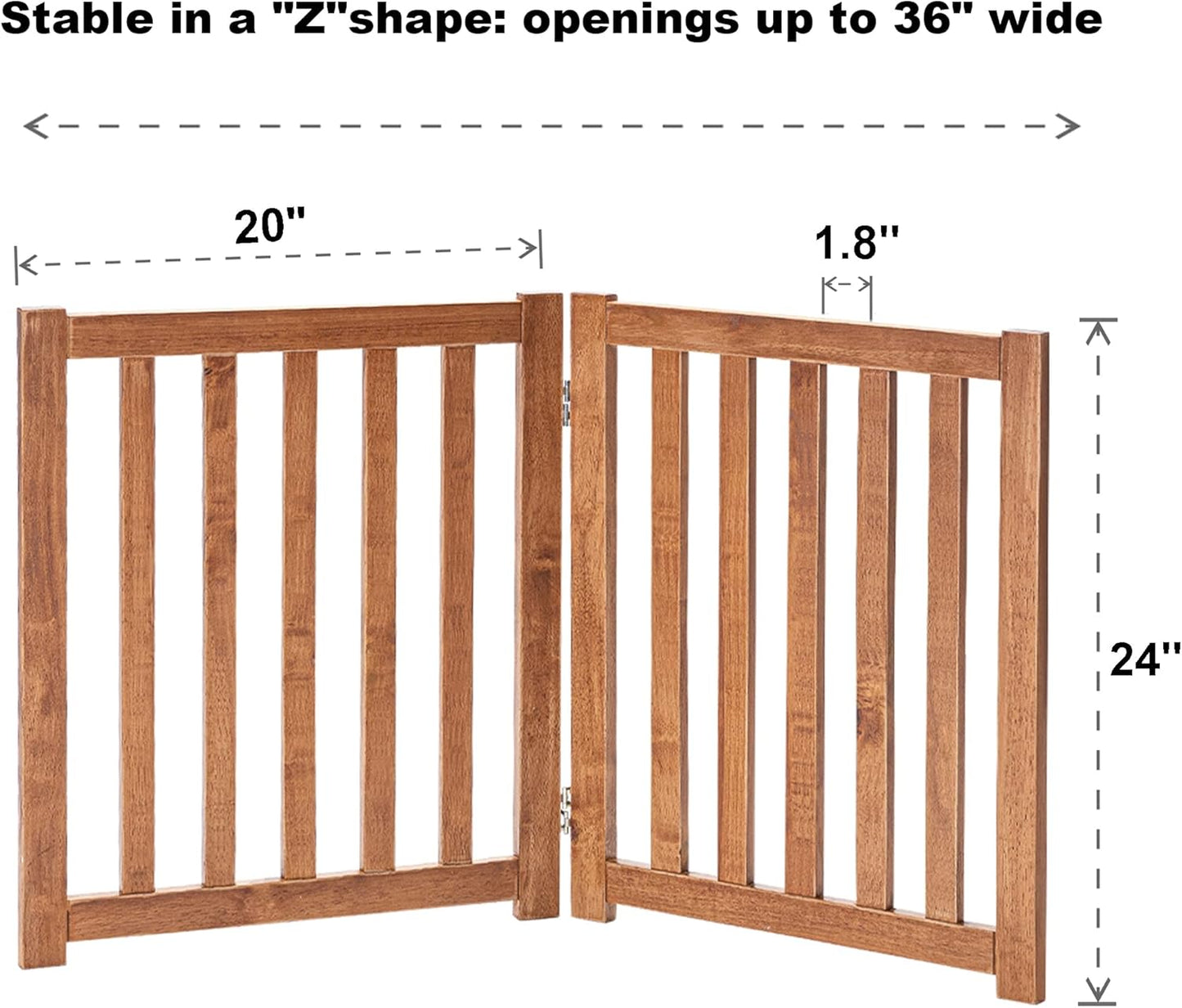 LZRS 2-Panel Wooden Free Standing Foldable Dog Gate Indoor – Solid Hardwood 24" High, Step-Over Safety Pet Gate for Doorways, Stairs & Small Spaces - Indoor Use, White