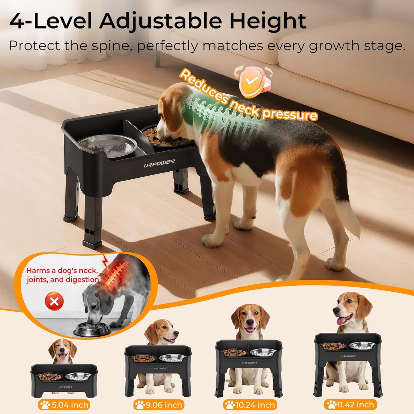 URPOWER 3-in-1 Elevated Dog Bowls - Mess Proof Double Deck 4 Height Adjustable Raised Stand with 2 Stainless Steel Food Bowls & Licking Plate for Small, Medium & Large Dogs