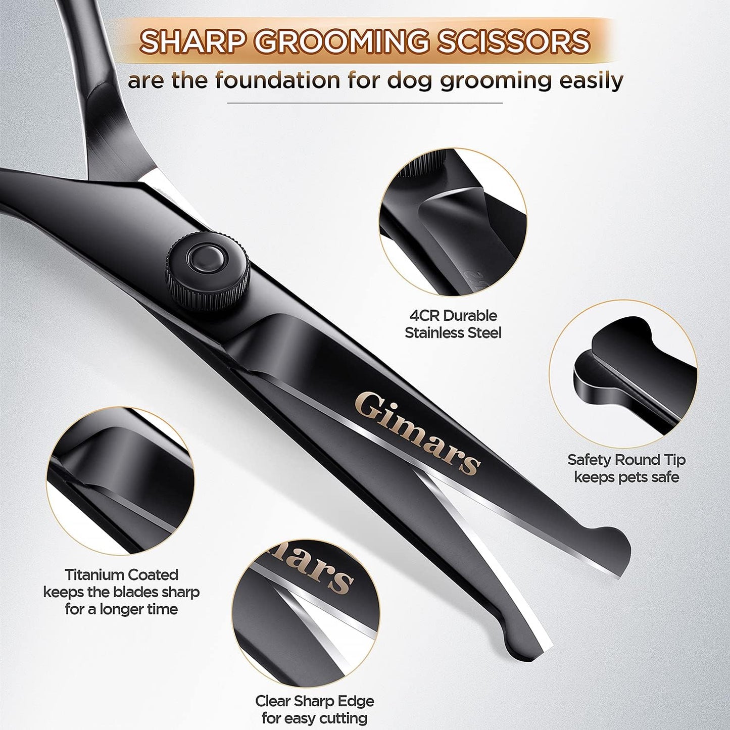 Gimars Titanium Coated Professional 6 in 1 4CR Stainless Steel Dog Grooming Scissors with Safety Round Tip, Heavy Duty Pet Grooming Scissor for Dogs, Cats and Other Animals