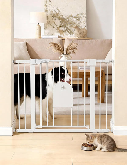 Babelio 36" Tall Auto Close Baby Gate with Small Cat Door, 29-43" Metal Cat Gate for Doorway, Stairs, House. Easy Walk Thru Dog Gate with pet Door, Includes 4 Wall Cups and 3 Extension Pieces, Black