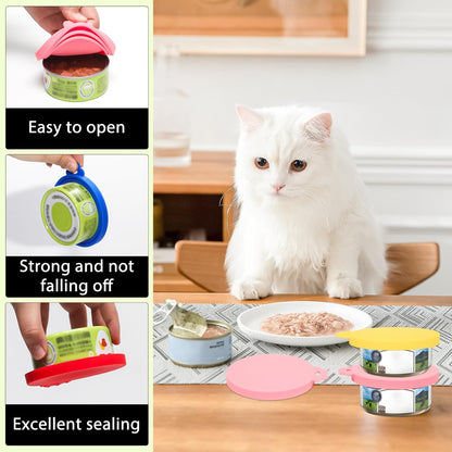 PINE & LINEN 4 Pcs 2.5inch Durable Pet Can Lids, Silicone Small Pet Can Covers Waterproof Cat Food Cans Lids for 3 oz Cat Food Cans（Yellow+Red+Pink+Blue）