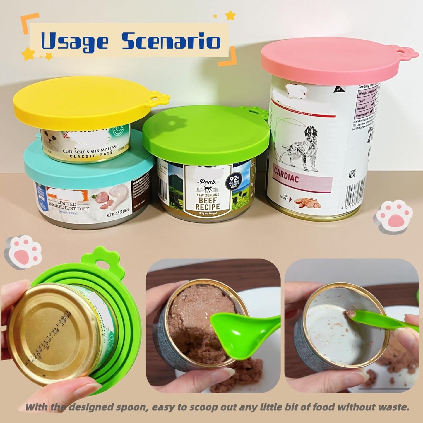 2 Packs Dog Food Can Lids, Inner rings 2.6”/3”/3.4” Fits 3-15oz Standard Cans/Tins, Multi-Size cat food can lid, Silicone Can Covers for dog food cans, BPA Free, Reusable(Green/Cyan+1 spoon)
