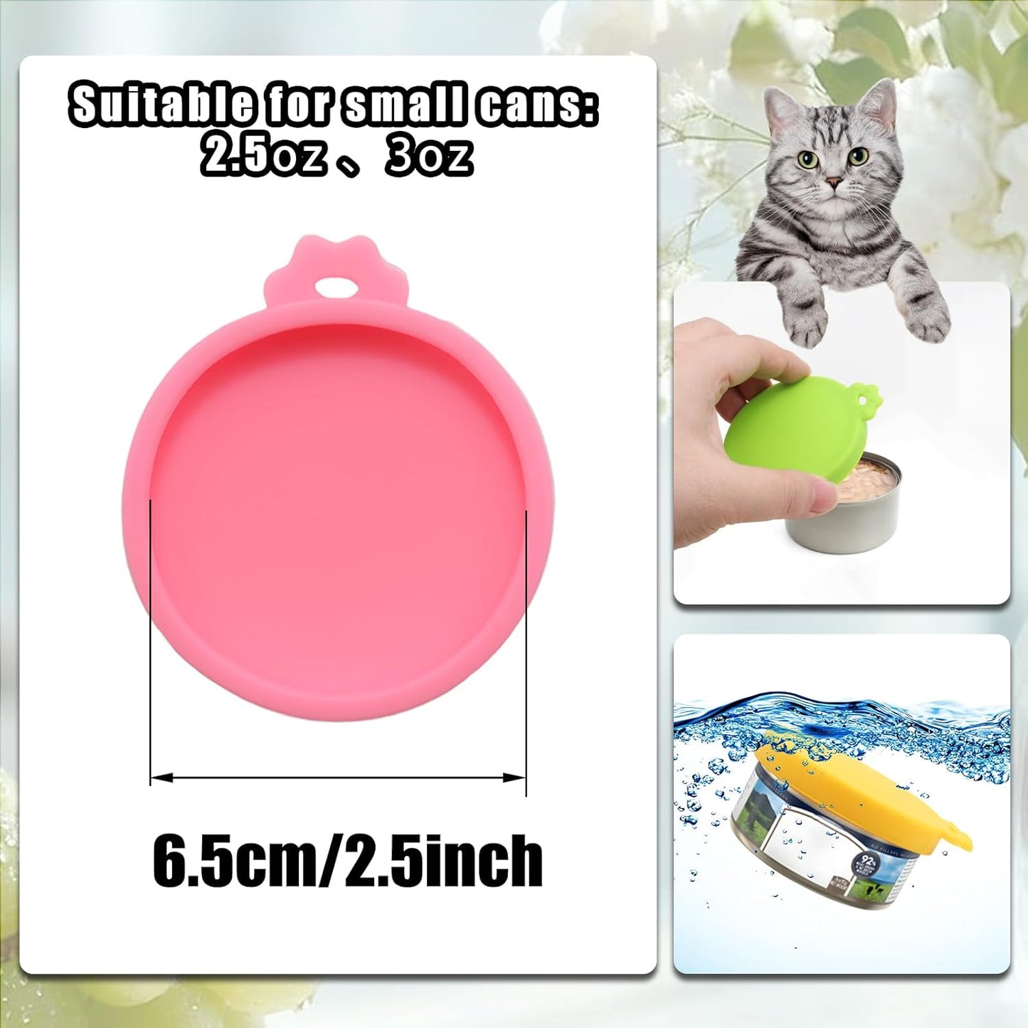 PINE & LINEN 4 Pcs 2.5inch Durable Pet Can Lids, Silicone Small Pet Can Covers Waterproof Cat Food Cans Lids for 3 oz Cat Food Cans（Yellow+Red+Pink+Blue）