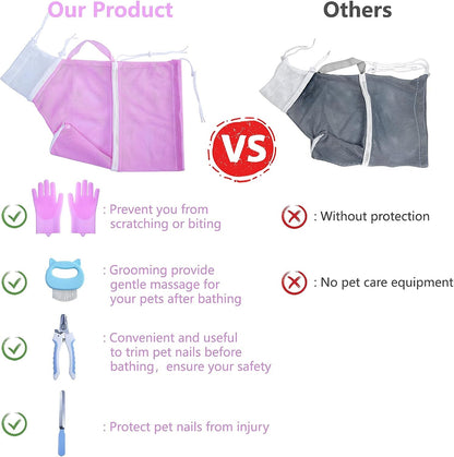 KlerRoem Cat Bathing Bag, Adjustable Anti-bite and Anti-Scratch Shower Mesh Grooming Bag for Pet Dogs, Includes Pet Nail Clipper, Nail File, Grooming Glove, and Cat Shell Comb