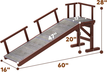 Onelike Wooden Dog Ramp for Bed with Removable Side Rail and Non-Slip Carpet, Stable Pet Ramp Stair for Couch Sofa for Small & Large & Senior Dogs, 74" Long Ramp Brown