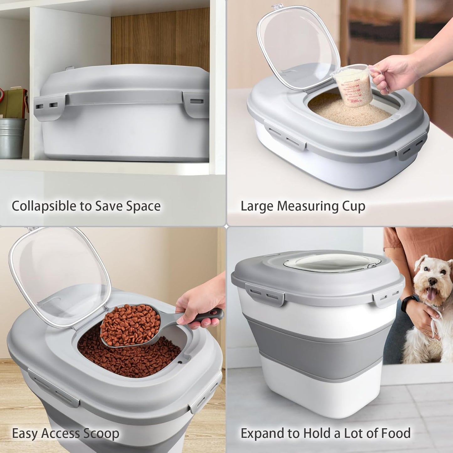 Komzon Rice Storage Bin Cereal Containers, 13-50lb Collapsible Rice Container Dispenser with Transparent Lid, Rolling Wheels, Measuring Cup and Scoop, Airtight Dog Cat Pet Food Storage Container Pink
