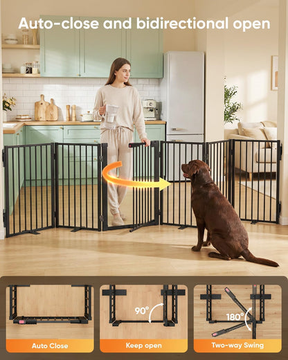 Full Metal Free Standing Dog Gate with Door for Indoor & Outdoor,80'' Extra Wide 32'' Tall Dog Gate for The Doorways,Large Openings,Decks,Porch,Pet Freestanding Safety Fence(4 Panels,Black)