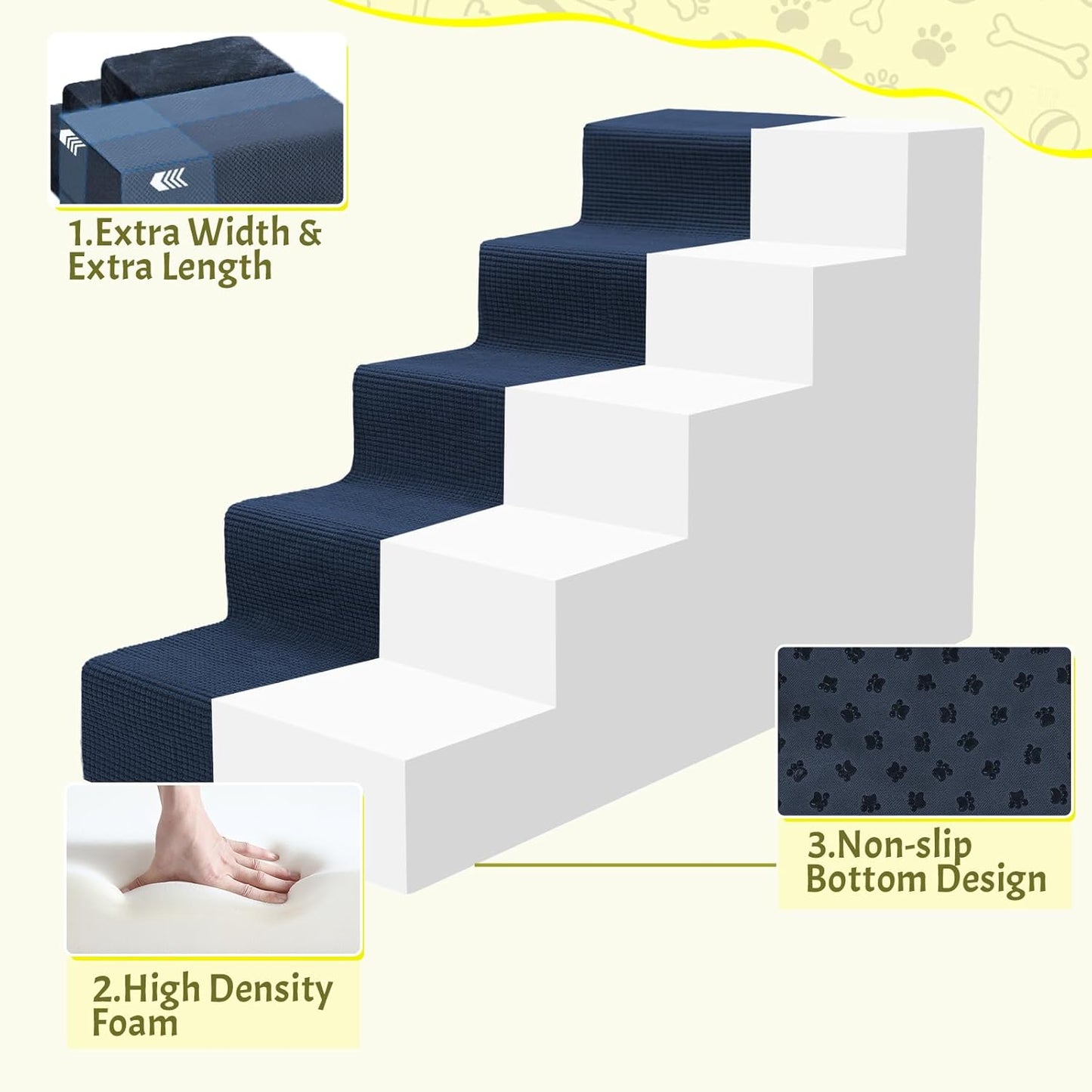 Niubya Dog Stairs for Small Dogs and Cats,18'H Non-Slip Bottom Pet Steps for High Beds and Couch,Extra Wide High-Density Foam Pet Stairs Grey,4 Steps