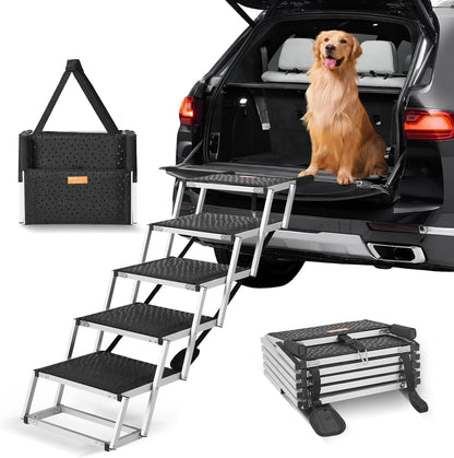 VEVOR 4-Step Dog Car Steps, Folding Dog Ramp with Nonslip Surface, Portable Pet Steps in Aluminum for Car, SUV and Truck, Supports up to 250 lbs