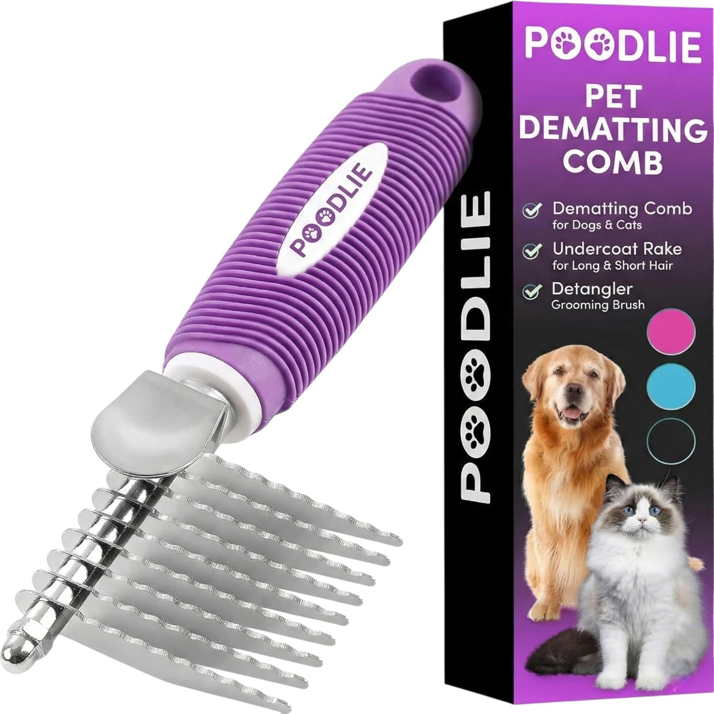 Poodle Dematting Fur Rake Comb Brush for Dogs and Cats - Long 2.5" Steel Safety Blades Metal Comb for Detangling Matted or Knotted Undercoat Hair (Orange)