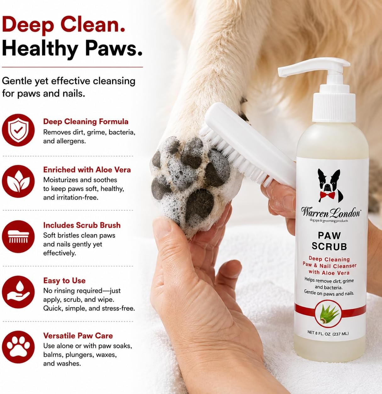 Warren London Paw Scrub – Deep Cleaning Paw & Nail Cleanser with Aloe Vera – Removes Dirt & Grime – Includes Scrub Brush – Made in USA - 8 oz
