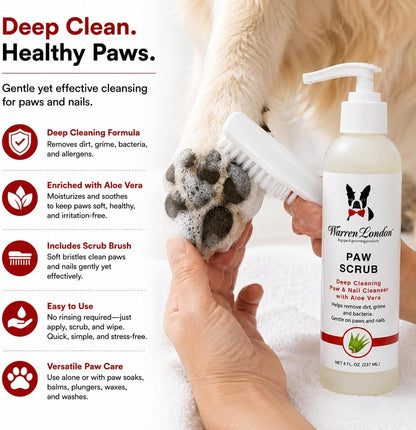 Warren London Paw Scrub – Deep Cleaning Paw & Nail Cleanser with Aloe Vera – Removes Dirt & Grime – Includes Scrub Brush – Made in USA - 8 oz