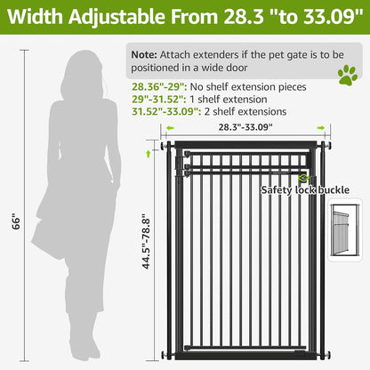 78.8" Extra Tall Cat Gate, 28.3-33" Wide Safety Metal Cat Door, Pressure Mounted Easy Walk Through Pet Gate with Door for Stairs, Doorways (Black)