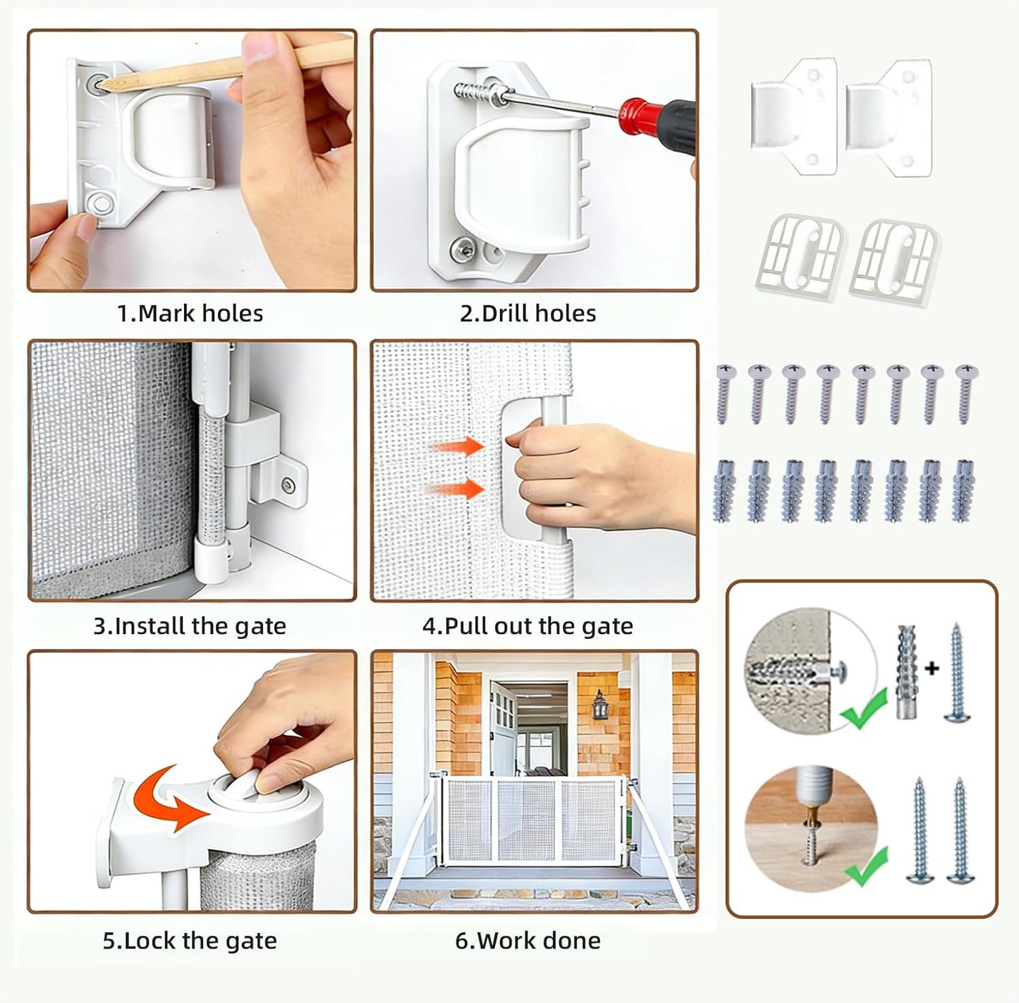 Retractable Baby Gate, 55 in Wide x 33 in Tall Mesh Dog Gate, Hardware Mounted Safety Gate with Double Lock for Doorways, Hallways, Indoor Outdoor, White