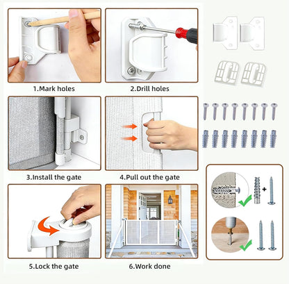 Retractable Baby Gate, 55 in Wide x 33 in Tall Mesh Dog Gate, Hardware Mounted Safety Gate with Double Lock for Doorways, Hallways, Indoor Outdoor, White