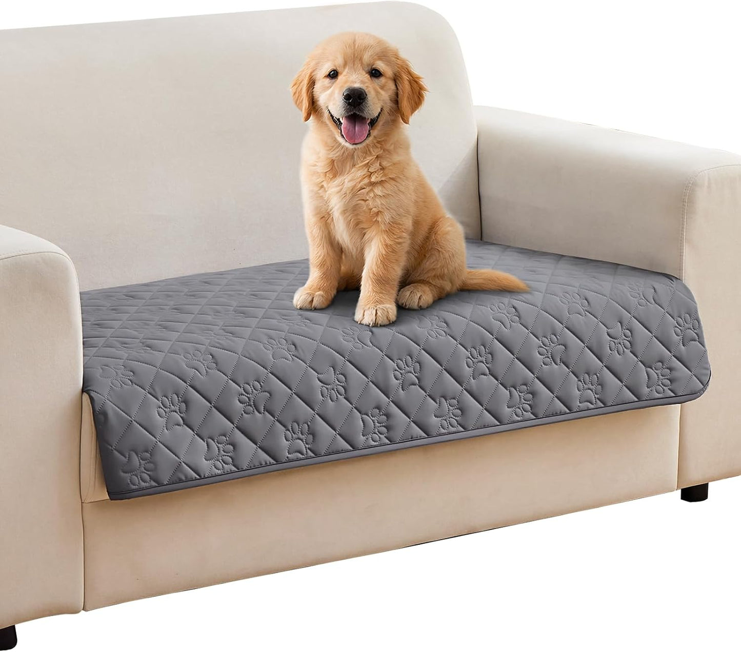 PAWFINITY Waterproof Couch Cover for Dogs, Pee Proof Pet Blanket, Paw Print Quilted, Pet Hair Resistant, Scratch-Resistant, Washable Furniture Protector for 2-3 Seat Sofa and Bed, 30x70 Inch, Grey